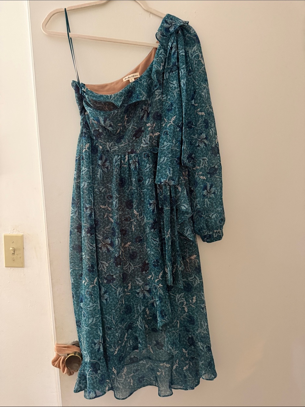 For Love & Lemons Teal Floral One-Shoulder Midi Dress